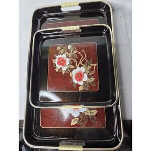 Copied - Set Of 2 Vintage Japanese Lacquered Hand Painted Trays 1-18" & 1-10"